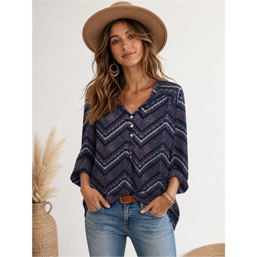 About A Girl Navy Chevron Boho Button-Front Blouse